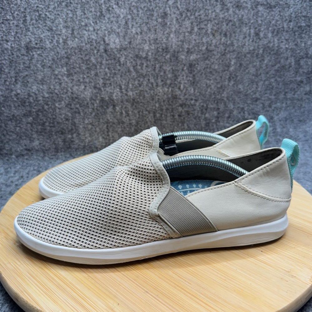 OluKai Light Beige Mesh Slip-On Flats with Aqua Heel Loop